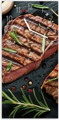Produktbild von Wanduhr aus Glas mit Motiv Gegrilltes Steak- 30 x 60 cm - inkl. Aufhängesystem