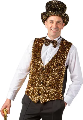 Ein Erwachsener trägt eine goldene Paillettenweste mit passender Fliege und Zylinder. Die Weste wird als glänzendes Kostüm-Accessoire für Karneval, Silvester und Bühnenauftritte präsentiert.