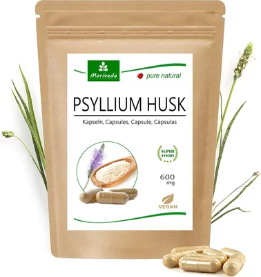 Obrázok produktu pre MoriVeda Flohsamenschalen Kapseln I Vegan I Psyllium Husk I Verdauung, Entgiftung, Darmgesundheit I Monatspackung I 120 Stück