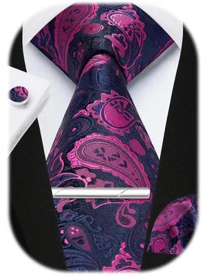 Image de Ensemble de cravates pour hommes comprenant une cravate, un mouchoir de poche, une pince à cravate, des boutons de manchette et un motif Paisley, couleurs rose/bleu marine, ensemble de 5 pièces