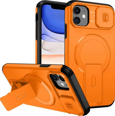Obrázek produktu pro Magnetické pouzdro pro iPhone 11, dvouvrstvé odolné pouzdro s posuvnou ochranou fotoaparátu a nastavitelným stojánkem Oranžová