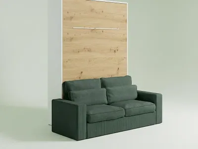 Produktbild von Schrankbett 140 x 200 cm - Manuelle vertikale Öffnung - Mit LEDs - Weiß und Natur + Grünes Sofa - RAPILI