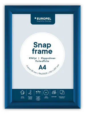Produktbild von EUROPEL leichter Klapprahmen DIN A4, Farbe Blau, Easy-Click System, Profil 25x11 mm, eloxiertes Aluminium und blendfreie Schutzfolie, Außenmaß 241x328