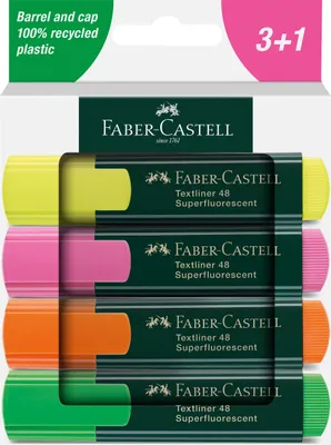 Obrázek produktu pro Faber-Castell Textliner 48, 4 kusů, Zelená, Oranžová, Růžová, Žlutá, Recyklovaný plast, 1 mm, 5 mm, Inkoust na vodní bázi