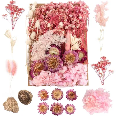 Image de Jeu de fleurs séchées roses et blanches pour la création et la décoration, 100% naturelles, idéales pour la résine époxy, le scrapbooking et la création de cartes