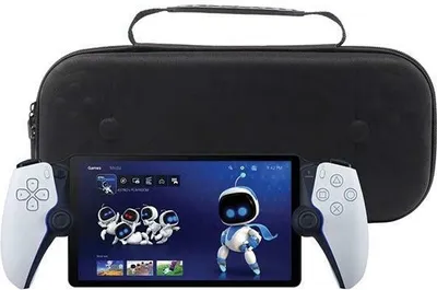 A portable gaming device with controllers attached, placed in front of a black carrying case.