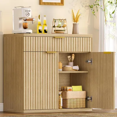 Produktbild von Sideboard mit geriffelten Türen & goldenen Griffen, 80 x 38 x 80 cm, Eiche