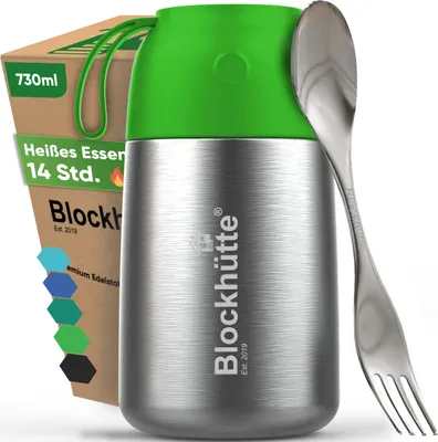 Produktbild von Blockhütte Thermobehälter für Essen 730 ml Hellgrün | Warmhaltebehälter Edelstahl Auslaufsicher, Meal Prep Thermo Essensbehälter mit Göffel, 14h Heiß,