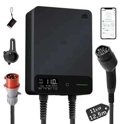 Zdjęcie produktu dla Stacja ładowania samochodów elektrycznych - Typ 2 - 11 kW - Maks. 16 A - 3-fazowe, 400 V - Sterowanie za pomocą aplikacji WiFi - 12,5 m czarnego kabla do ładowania