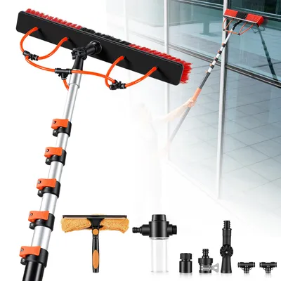 Image de Brosse de nettoyage pour panneaux solaires - Brosse de lavage télescopique - Tige extensible jusqu'à 7,2 mètres - Adaptée pour le nettoyage des panneaux solaires et des fenêtres - Acier inoxydable - Tête de brosse flexible - Noir