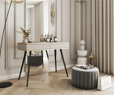 Produktbild von Schreibtisch Gloss im glamour Stil Frisiertisch mit gerillten Fronten Tisch mit Schubladen Schminktisch beige und Schwarz, Farbe: Beige, Schwarz