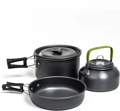 Produktbild von Camping Kochgeschirr für Outdoor Kochausrüstung Bratpfanne Topf Wasserkocher Schwarz