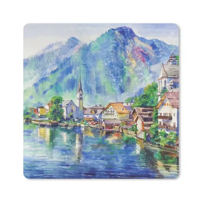Produktbild von MuchoWow® Mauspad Mousepad Gemälde - Ölfarbe - Haus - Berge - Wasser 20x20 cm - Mousepads - Maus Mat - Pad - Mausunterlage - Desk Mat - Bureauartikeln