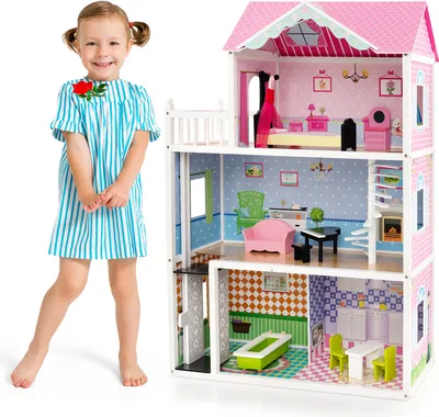 Produktbild von COSTWAY Dřevěný domeček pro panenky, domeček pro panenky s nábytkem a doplňky, třípatrový domeček pro panenky, vila pro panenky vysoká 114 cm, pro děti od 3 let
