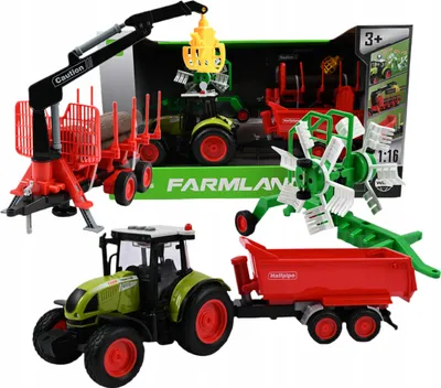 Obrázek produktu pro Traktor s přívěsem a lesním jeřábem – zemědělská sada s shrnovačem – světlo a zvuk – farma