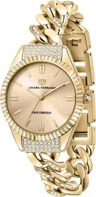 A close-up, studio shot of a gold-colored watch with a chain-link band and diamond accents.