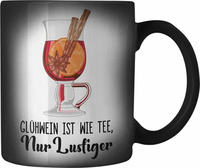 Produktbild von Trendation - Glühwein Farbwechsel Zauber-Tasse Lustig Spruch Glühweinbecher mit Henkel Doppelwandig GlühweinFarbwechsel Zauber-Tassen Gläser Weihnachtsmarkt Becher Farbwechsel Zauber-Tassen Geschenk - Wie Tee Nur Lustiger (Schwarz)