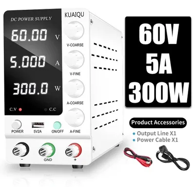 Produktbild von Regelbares DC Labornetzgerät - Tisch-Netzteil 0–60V 5A - 1-Kanal Ausgang - Schaltnetzteil - 50/60Hz - Eingang 220V - Weiß