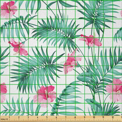 Produktbild von ABAKUHAUS Aquarell Microfaser Stoff als Meterware , Tropische Farne mit Blumen Exotische Hawaii Blumengesteck Blühende Natur, 10 M (230 x 1000 cm), Seafoam Rosa