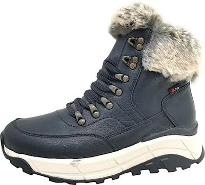 A single blue winter boot with fur trim is shown against a white background.