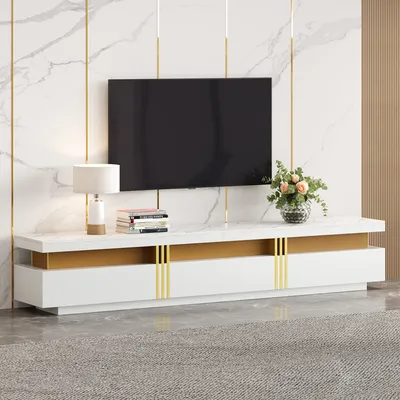 Produktbild von STILVORA Marmor-Optik Fernsehbank TV-Lowboard für Fernseher bis 90 Zoll,TV-Schrank mit 3 Schubladen,TV-Board mit 1 Kabelmanagement, Weiß