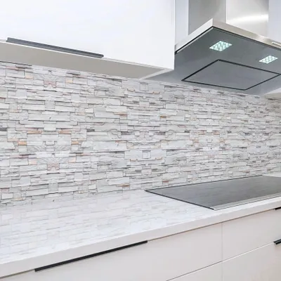 Zdjęcie produktu dla Ścianka za kuchenkę z imitacji kamienia, 60x300 cm - matowa, jednolita płyta z tworzywa ABS z nadrukiem, ochrona przed rozpryskami w kuchni, panel ścienny