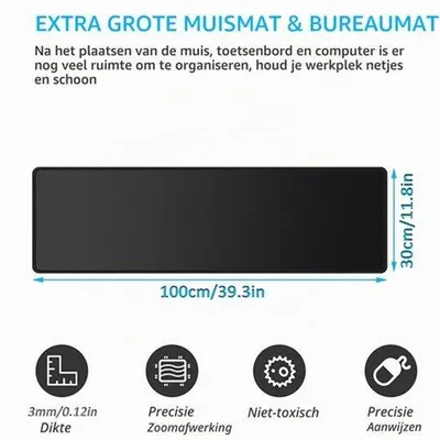 Productafbeelding van Bureau Onderlegger XXL Zwart - 100 x 30 cm - Rubber - Gaming En Kantoor - Muismat