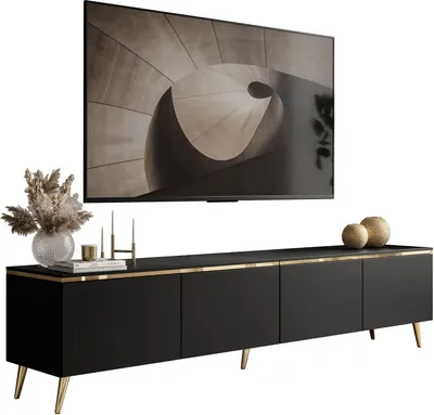Produktbild von TV-Schrank CELINE 200 cm schwarz matt auf gerade goldenen Füßen