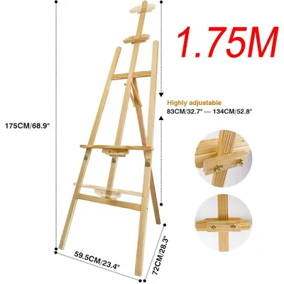 Zdjęcie produktu dla Stojak malarski drewniany - stojak w kształcie litery A - składany - z regulowaną wysokością - wykonany z drewna sosnowego - wysokość 1,75 m - do malarstwa i prezentacji