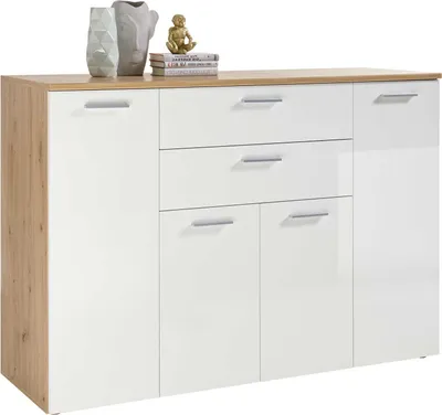 Image de Commode - Blanc brillant -Reproduction chêne d'Artisan - L 152 cm - 4 portes - 2 tiroirs