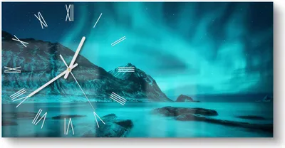 Produktbild von DEQORI Glasuhr 60x30 cm Römisch 'Polarlichter in Norwegen' Wanduhr Glas Uhr Design leise