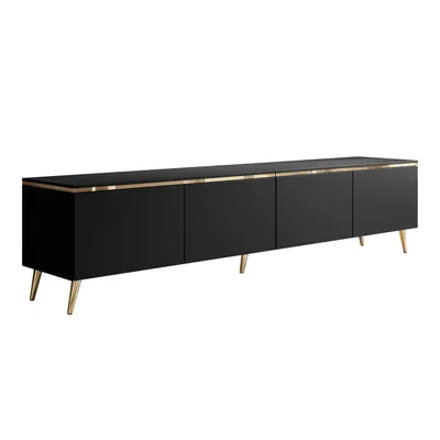 Produktbild von TV-Schrank CELINE 200 cm schwarz matt auf schräge goldenen Füßen