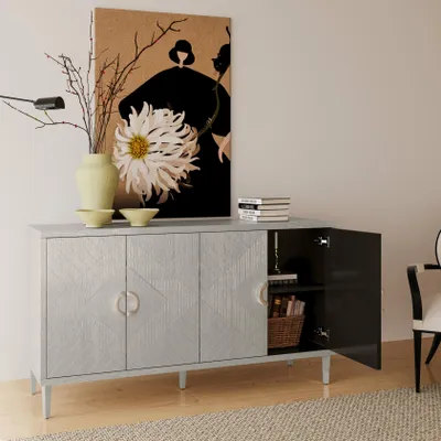 Productafbeelding van MODFU Opbergkast van 152 cm, gemaakt van grenenhout, geschikt voor de woonkamer. Multifunctionele kast met een opbergruimte met 4 deuren, functionele keukenkast, natuurlijke uitstraling