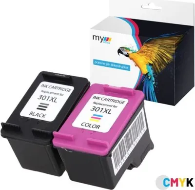 Two ink cartridges and a product box are displayed against a white background.