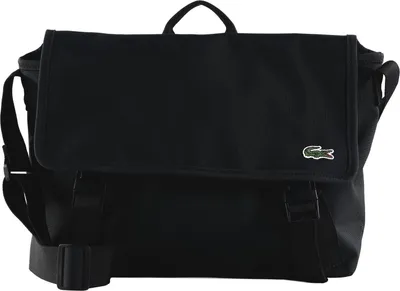 A black messenger bag with a Lacoste logo.