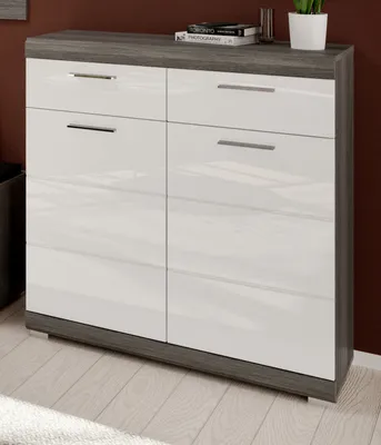 Produktbild von Schuhschrank "Shawn" weiß Hochglanz und Rauchsilber grau Flur Kommode 90 x 96 cm