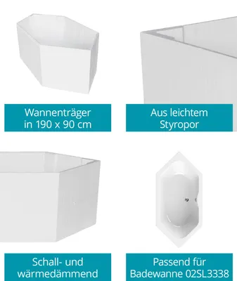 Produktbild von Calmwaters® Wannenträger 190 x 90 cm Exclusive, Passend für Sechseck-Badewanne 190x90 cm, Styroporträger, Schall- und wärmedämmend, Direkt verfliesbar, Badewannenträger in Weiß, 03AX3364