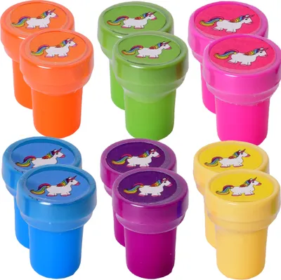 Produktbild von 12 Stück TE-Trend Mini Kinderstempel Set Einhorn Pferd Mädchen Kindergeburtstag Basteln Mitgebsel farbig sortiert 14mm Ø