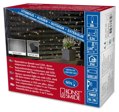 LED-Lichtnetz 80 warmweiße Dioden, IP44, Batteriebetrieb, Timer