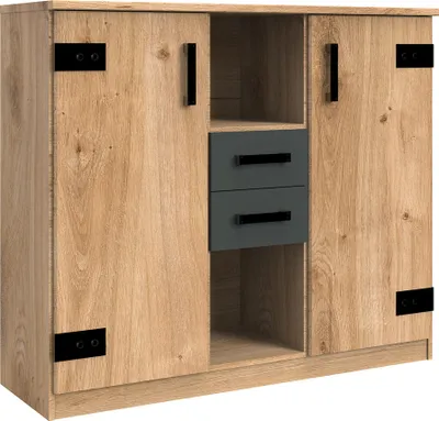 Produktbild von Highboard Kommode EVERTON-43 in Plankeneiche mit 2 Türen und 2 Schubkästen in Graphit, B x H x T ca. 124 x 105 x 41cm