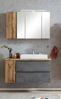 Zdjęcie produktu dla Badmöbel-Set >Paris< (2-tlg.) in Betongrau / Wotaneiche - 105x195x47cm (BxHxT)