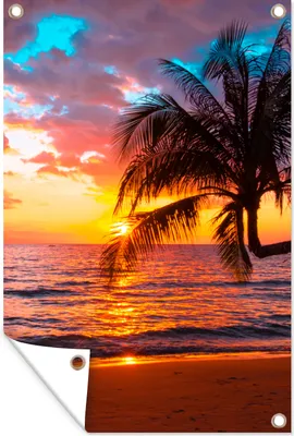 Produktbild von MuchoWow® 80x120 cm Outdoor-Poster Gartendeko Sichtschutz Garten Poster für den Garten  Palme - Sonnenuntergang - Strand - Meer - Horizont