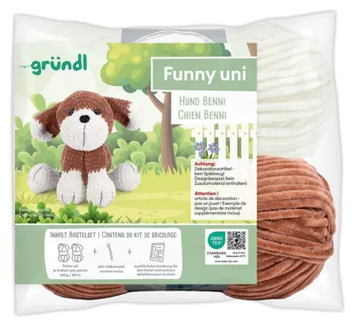 Produktbild von Gründl Funny uni Häkelset,Häkeltier,2 x100g Funny uni Chenillegarn, 1 Häkelnadel +Anleitung Deutsch Hund Benni