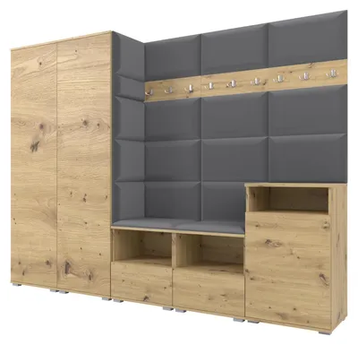 Produktbild von Garderobe NELA VIII 250 cm Modulare Flurmöbel Artisan Eiche mit Sitzpolster Dunkelgrau 15 (2 Schränke + Sideboard)