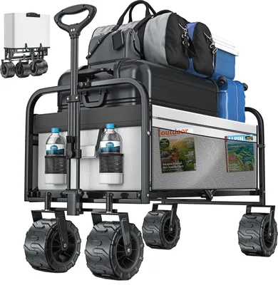 Produktbild von KESSER® Bollerwagen faltbar mit Breite Reifen Handwagen Transportkarre Gerätewagen | inkl. 2 Netztaschen | klappbar | Kunststoff-Reifen | bis 150 kg Tragkraft transportwagen Gartenanhänger