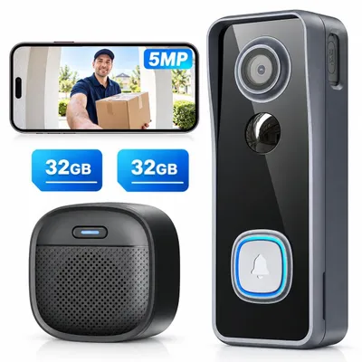 Produktbild von 5MP 2K Türklingel mit Kamera kabellos Video Doorbell WLAN mit Gong 2*32GB intelligente AI Bewegungserkennung