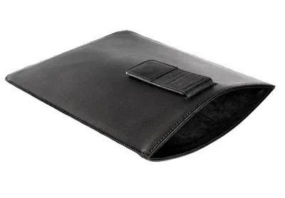 A black leather sleeve for an Apple iPad 2 is shown against a white background.