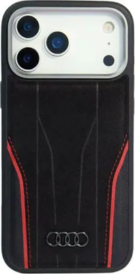 Image de Housse iPhone 17 Pro Max cuir véritable Audi R8 MagSafe noir rouge logo métal