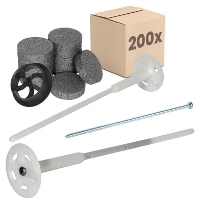 Produktbild von PROTEKTOR 200x Dämmstoff-Schraubdübel Set Ø8x280mm + Rondelle, Fräser & Stahlschraube, WDVS Dübel, Dämmstoffdübel zur Fassaden Dämmung, Langschaftdübel bei Wärmedämmung