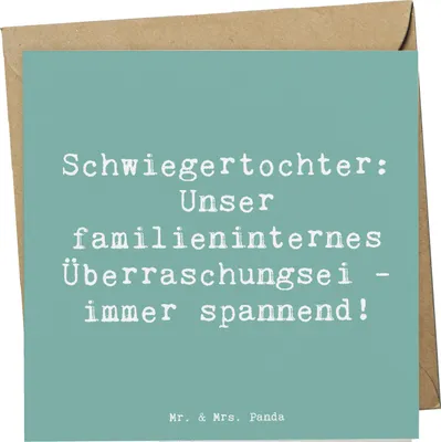 Produktbild von Mr. & Mrs. Panda Klappkarte Spruch Überraschungs-Schwiegertochter - Meeresbrise - Geschenk, doppelkarte, faltkarte, Liebe, Schwiegereltern, Humor, Familie, Lächeln